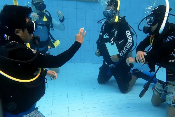 A diving instructor with his students in the pool